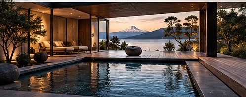 Piscina Kyukei Oriental con deck de madera y vista al lago