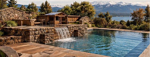 Piscina Kyukei Raiguen con muros de piedra y cascada